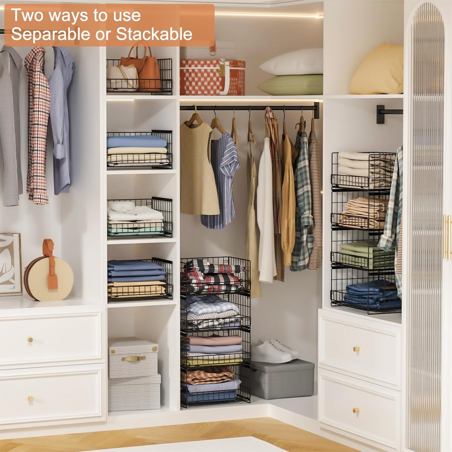 4-Tier Sliding Closet Organizers and Storage Shelves, Stackable Closet Shelf Organizer Basket Bins, Drawer Shelf Storage Container for Wardrobe Cupboard Kitchen Bathroom Office, Black