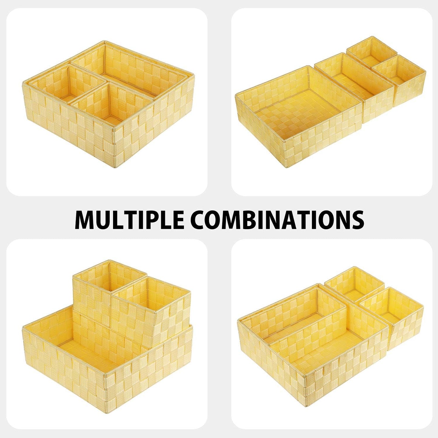 Woven Storage Baskets for Organizing, Small Black Baskets Cube Bin Container Tote Organizer Divider for Drawer, Closet, Shelf, Dresser, Set of 4(Yellow)