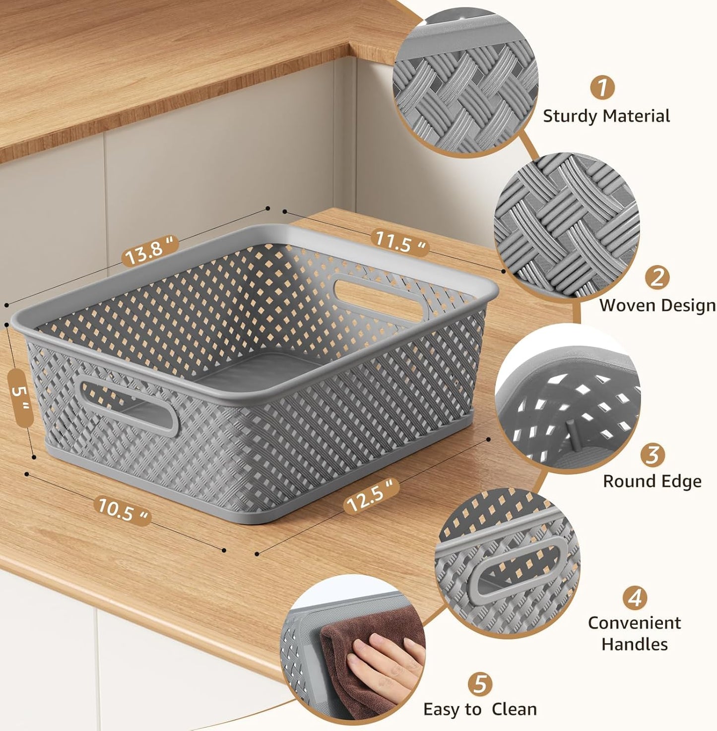 Organization and Storage 3 Packs, Plastic Bins Organizer Bins, Woven Baskets for Storage, Plastic Baskets with Handles, Grey Basket for Organizing, Basket Organizer for Home and Office, Large