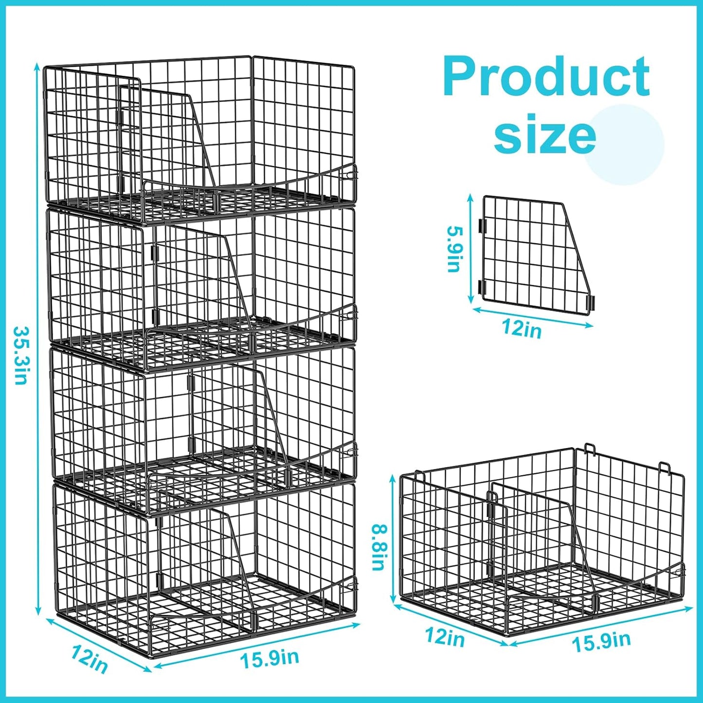 4-Tier Closet Organizers and Storage Shelves with Divider, Stackable Closet Shelf Organizer Basket Bins, Clothing Sweaters Storage Container for Wardrobe Cupboard, Black