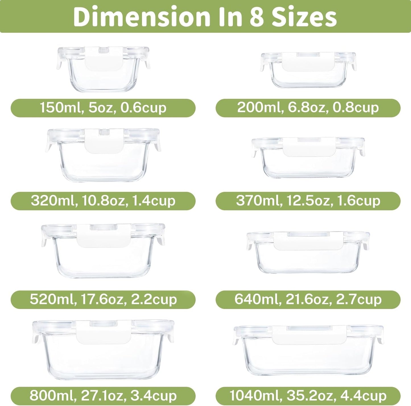 8 Pack Glass Food Storage Containers with Lids, Meal Prep Containers, Airtight Bento Boxes with Leak Proof Locking for Microwave, Oven, Freezer and Dishwasher, BPA Free, 5-35oz, white
