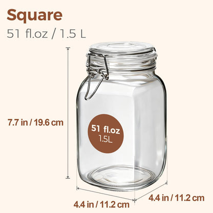 Airtight Glass Canister Set of 3 with Lids 51oz Clear Food Storage Jars Square, Kitchen & Pantry Organization Food Storage Container for Canning, Sugar, Flour, Pasta, Candy, Cereal, Coffee