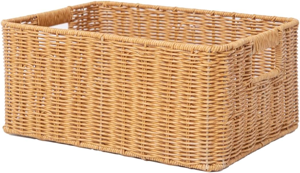 Rattan Storage Basket Pantry Basket with Built-in Handles Wicker Basket for Organizing Shelves Waterproof Woven Basket Nature (14"x10"x6.3")