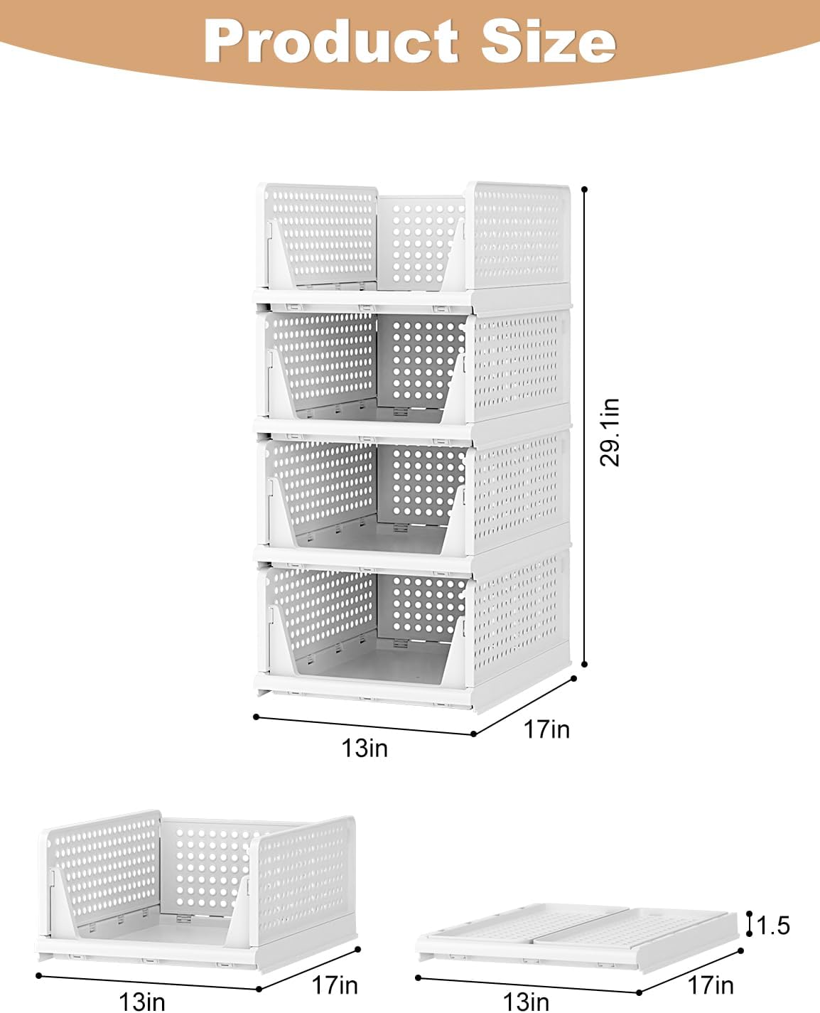 4 Pack Closet Organizer System, Stackable Plastic Clothes Storage Basket, Stackable, Foldable Organizers for Wardrobe Clothes Organizer Suitable for Bedrooms Bathrooms Kitchen Living Rooms Office Dorm