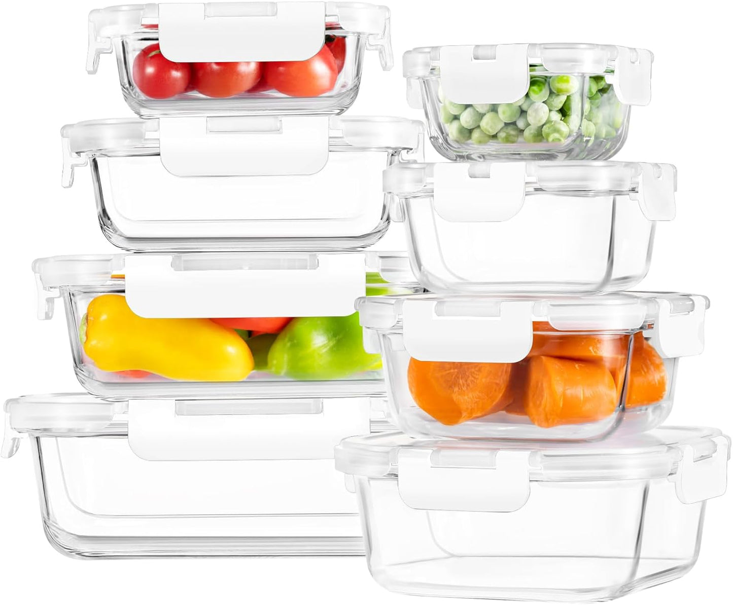 8 Pack Glass Food Storage Containers with Lids, Meal Prep Containers, Airtight Bento Boxes with Leak Proof Locking for Microwave, Oven, Freezer and Dishwasher, BPA Free, 5-35oz, white