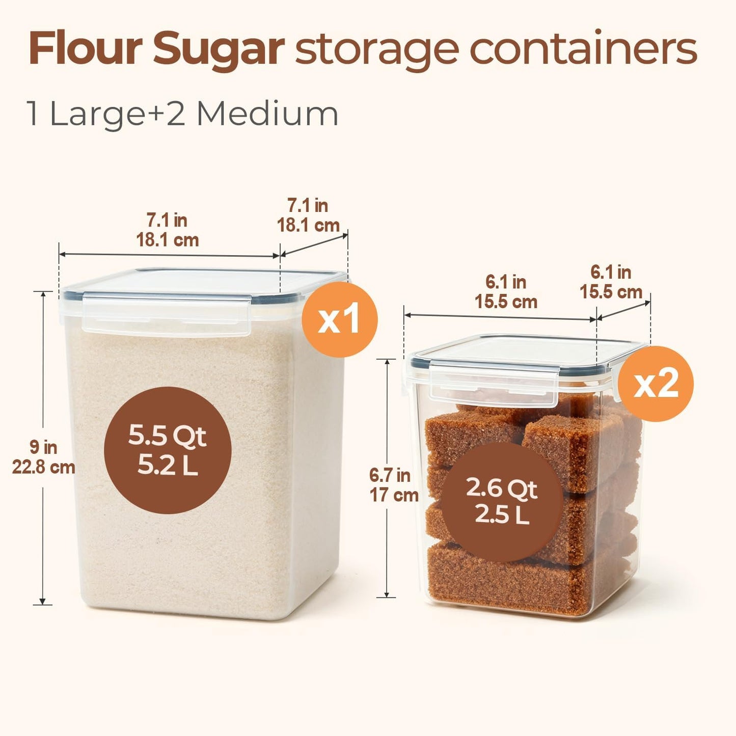 Flour Sugar Storage Containers Set of 3 (5.2L/5.5Qt) (2.5L/2.6Qt*2), Large Airtight Food Storage Containers with Lids, Plastic Canisters Sets for Kitchen, Pantry Organizers for Rice and Baking