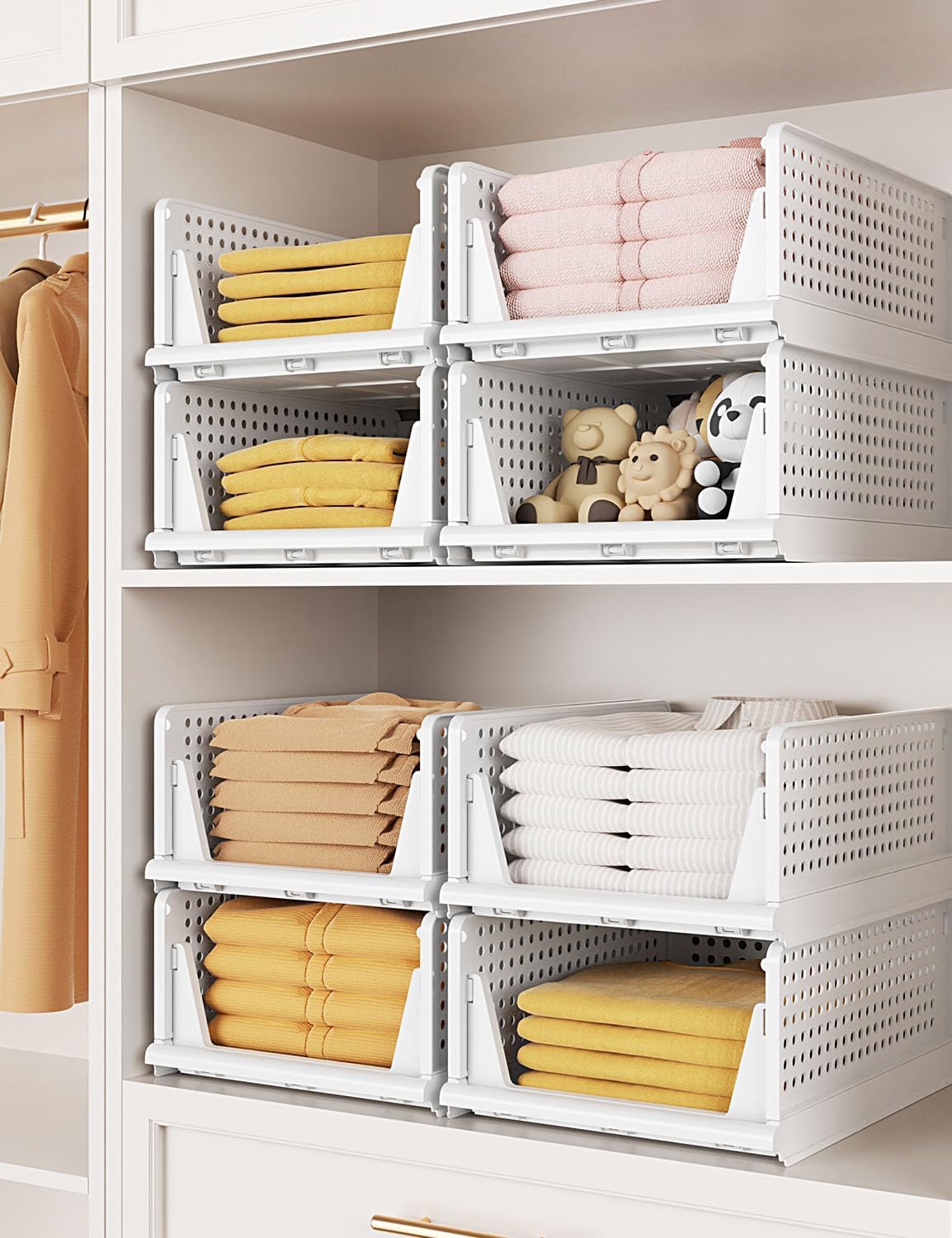 4 Pack Closet Organizer System, Stackable Plastic Clothes Storage Basket, Stackable, Foldable Organizers for Wardrobe Clothes Organizer Suitable for Bedrooms Bathrooms Kitchen Living Rooms Office Dorm