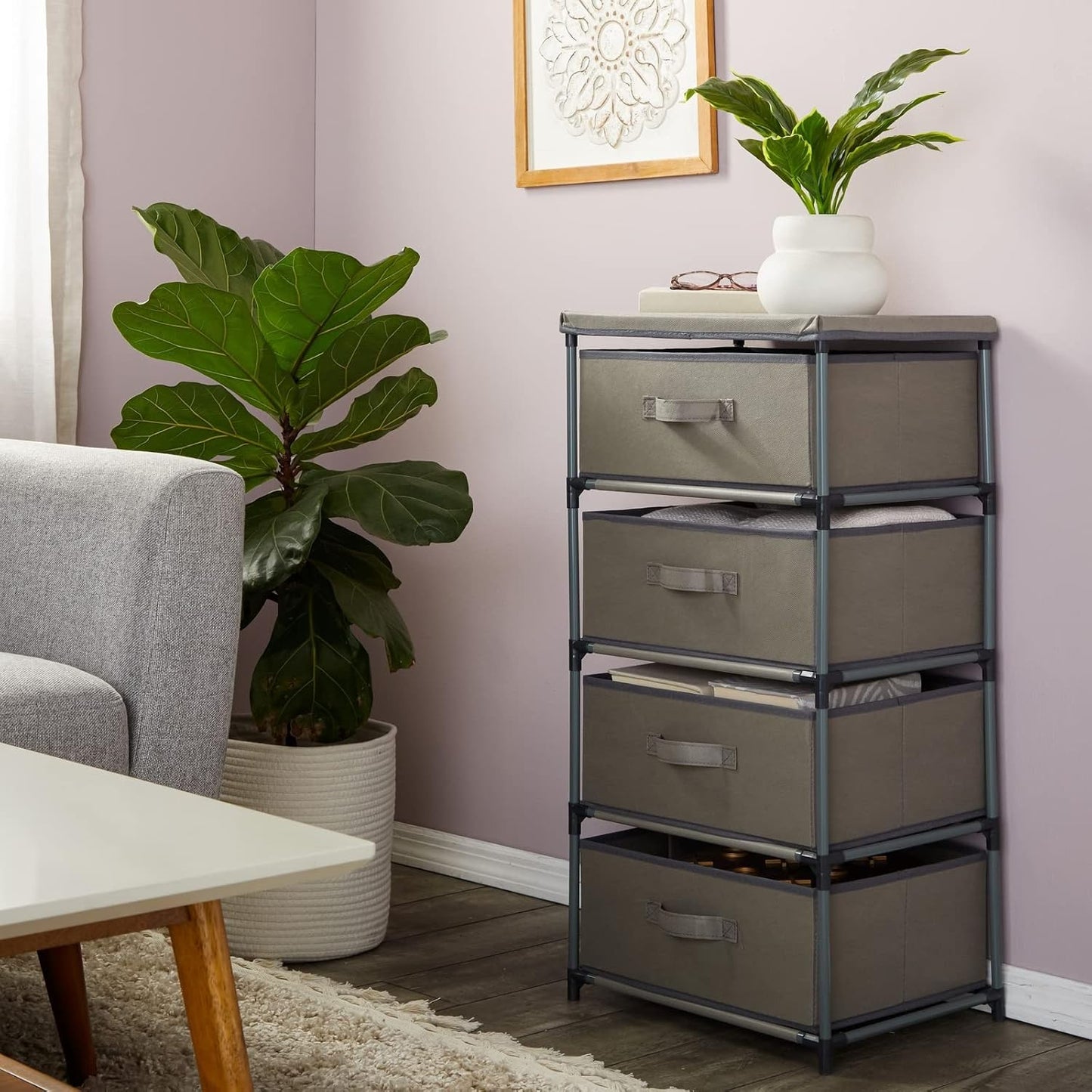 4-Tier Dresser for Bedroom - 16.5 in x 13 in x 33 in, Light Gray Fabric, 4 Drawers - Narrow Closet Storage Drawers & Organizer - Steel Frame & Easy Assembly