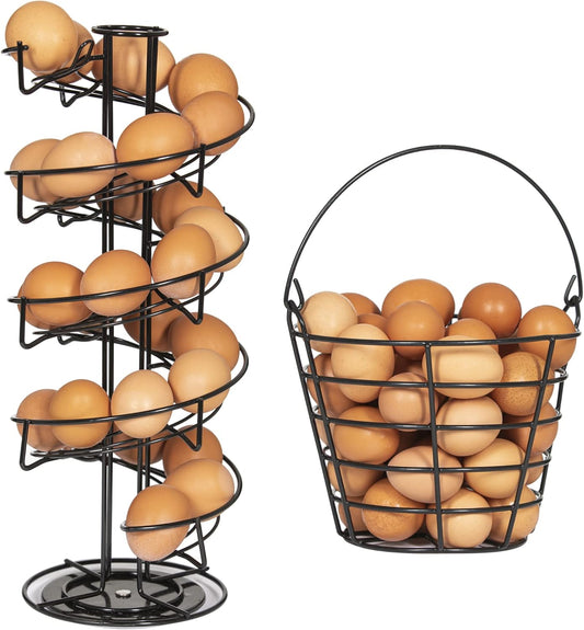 Rotating Spiral Egg Dispensing Rack, Skelter, Countertop storage & display. INCLUDES Matching Egg Collecting Basket