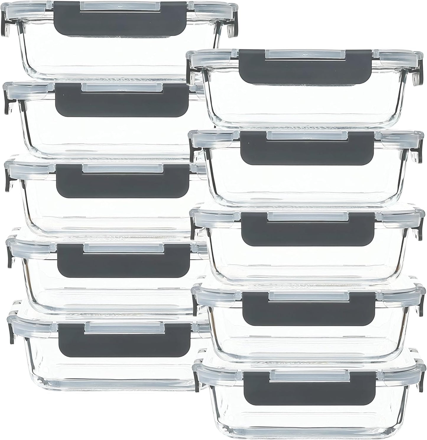 10 Set Glass Food Containers with Airtight Lids,22Oz Leak Proof Glass Meal Prep Containers Set for Adults,Microwave,Oven,Freezer,Dishwasher Safe,Kitchen Organization,Bento Lunch Boxes,Grey