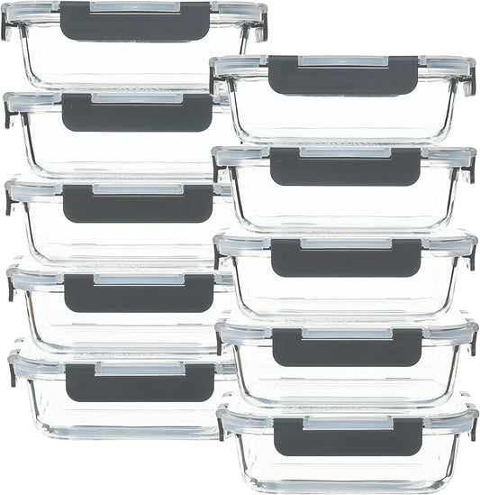 10 Set Glass Food Containers with Airtight Lids,22Oz Leak Proof Glass Meal Prep Containers Set for Adults,Microwave,Oven,Freezer,Dishwasher Safe,Kitchen Organization,Bento Lunch Boxes,Grey