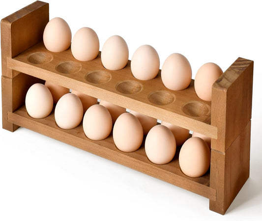 Double Layer Egg Tray Holder Countertop - Wooden Fresh Egg Rack Stackable Storage Basket, 2 Tier Egg Organizer for Farmhouse Kitchen Refrigerator