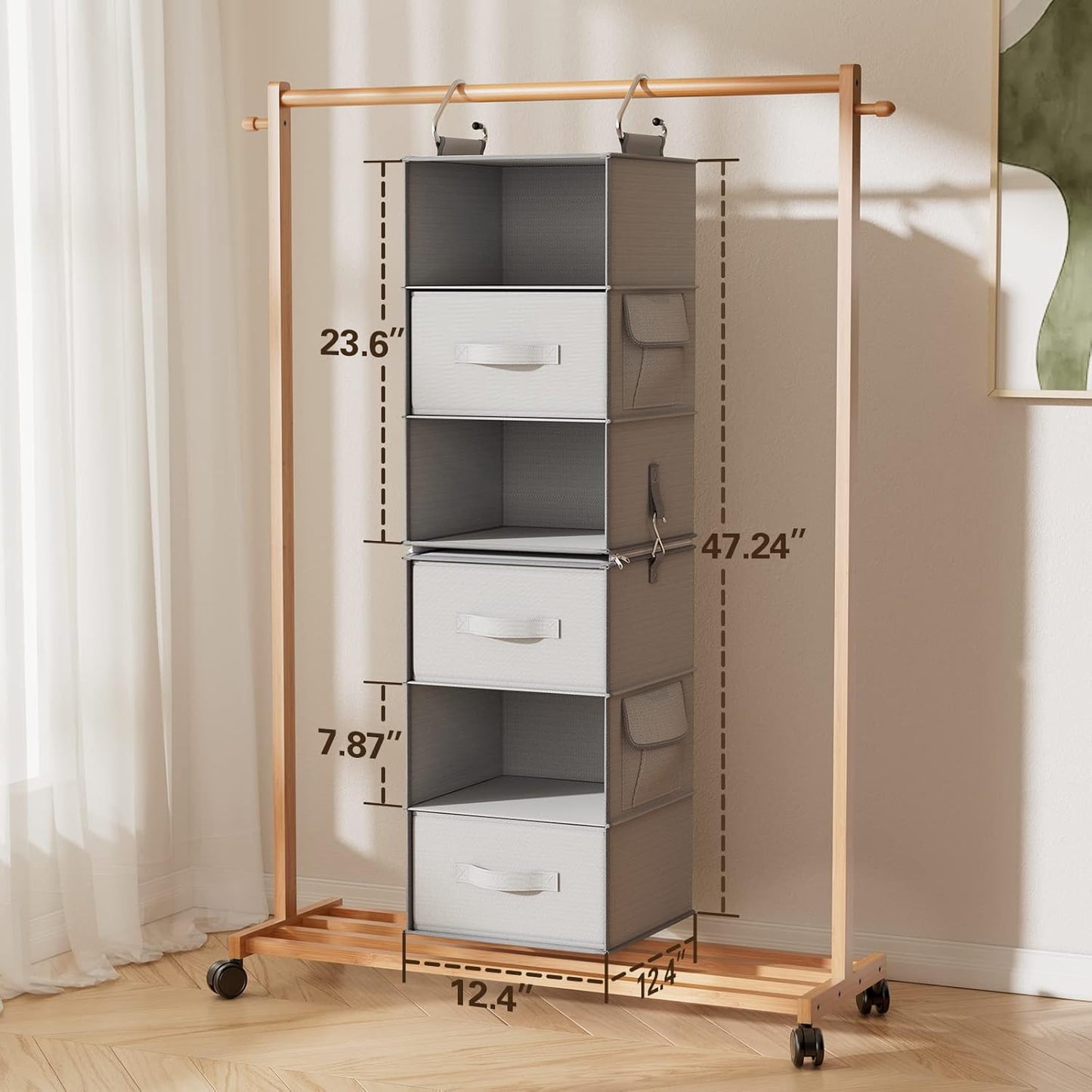 6-Shelf Hanging Closet Organizer with 2 Separable 3-Tier Shelves, 3 Drawers & Side Pockets Closet Organizers and Storage for Wardrobe Organization and Nursery Clothes Organizer, Gray