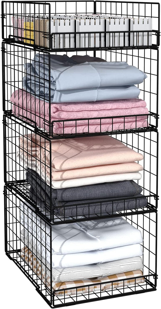 4 Pack Closet Organizers and Storage Shelves for Clothes, 4 Tier Stackable Closet Storage Basket Bin Container for Clothing Sweater Jean, Narrow, Foldable, Sturdy Metal System Organizer Shelf