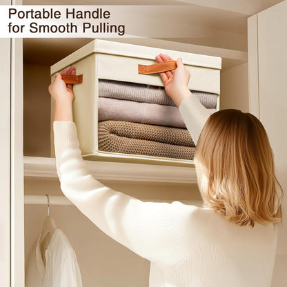 Large Storage Bins with Lids - 4 Pack Foldable Decorative Organizers with Clear Windows & Handles, Cube Storage Organizers for Clothes, Blankets, Sweaters, Sheets, Beige