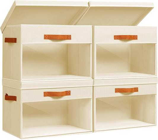 Large Storage Bins with Lids - 4 Pack Foldable Decorative Organizers with Clear Windows & Handles, Cube Storage Organizers for Clothes, Blankets, Sweaters, Sheets, Beige