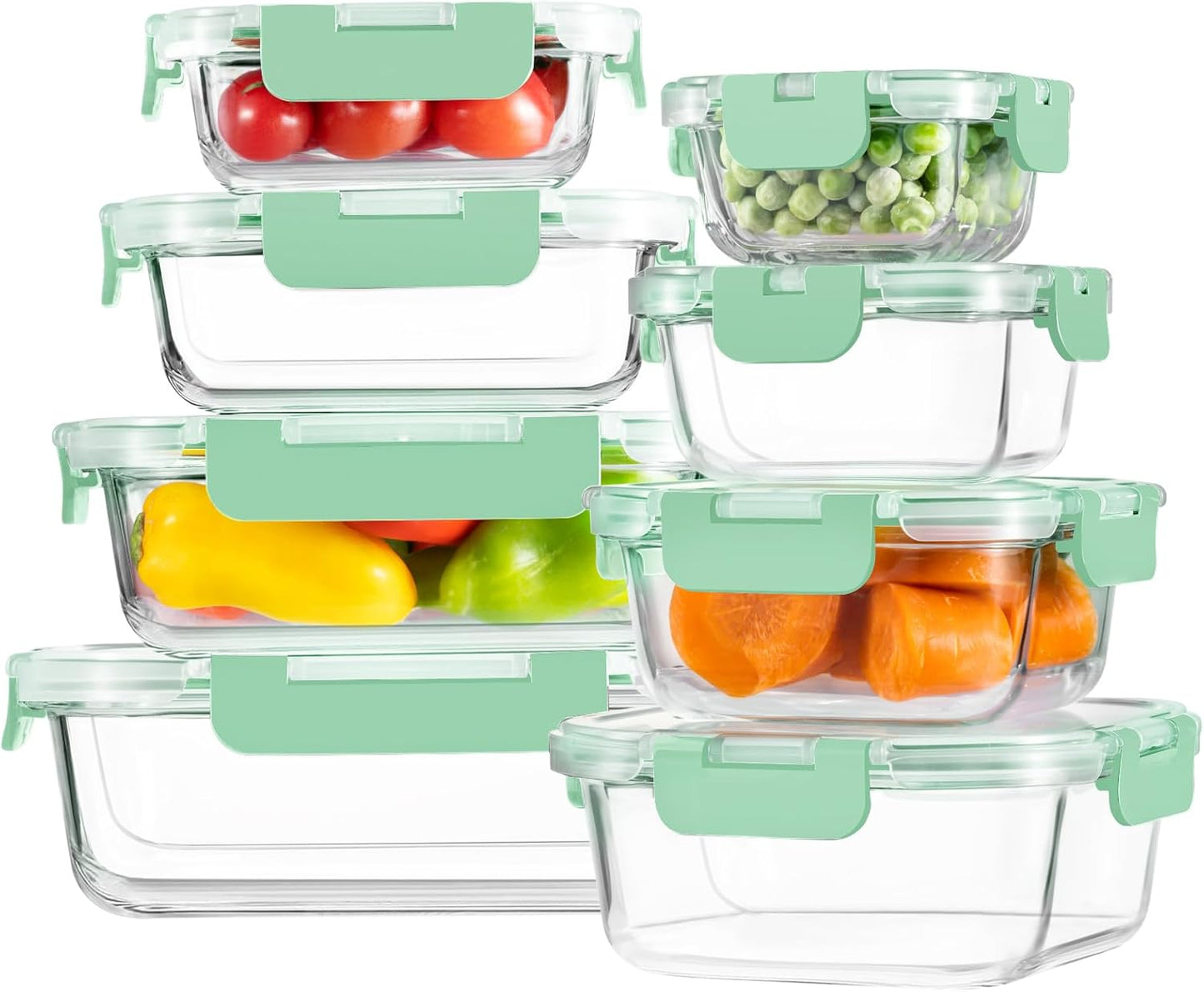 8 Pack Glass Food Storage Containers with Lids, Meal Prep Containers, Airtight Bento Boxes with Leak Proof Locking for Microwave, Oven, Freezer and Dishwasher, BPA Free, 5-35oz, light blue