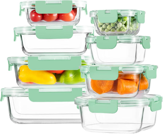 8 Pack Glass Food Storage Containers with Lids, Meal Prep Containers, Airtight Bento Boxes with Leak Proof Locking for Microwave, Oven, Freezer and Dishwasher, BPA Free, 5-35oz, light blue