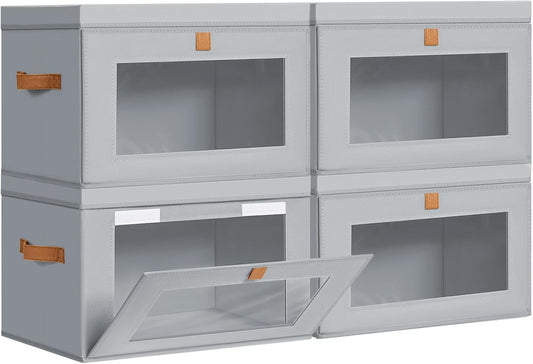 Storage Bins with Lids - 4 Pack Large Fabric Closet Organizer with Window & Handles, Collapsible Decorative Storage Boxes for Shelves Under Bed, Books Clothes Blankets Sweaters Organization