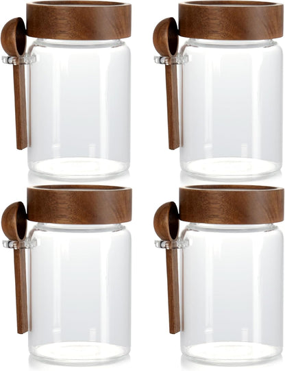 15 oz/450 ml Glass Storage Canister with Airtight Wooden Lid, Clear Small Decorative Container Jar with Spoon for Salad Overnight Oats Snacks Yogurt Cereal Fruit Spice Sugar Coffee - 4 Pack