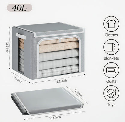 Clothes Storage Bins with Metal Frame, Foldable Clothing Storage Bin with Lid, Stackable Oxford Fabric Organizer Box With Clear Window & Zippers & PU Leather Handles (4 Pack,Grey,40L)