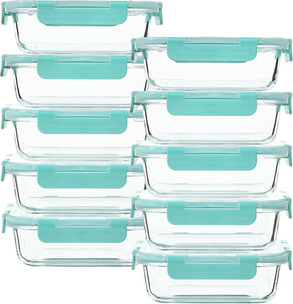 10 Set Glass Food Containers with Airtight Lids,22Oz Leak Proof Glass Meal Prep Containers Set for Adults,Microwave,Oven,Freezer,Dishwasher Safe,Kitchen Organization,Bento Lunch Boxes,Mint