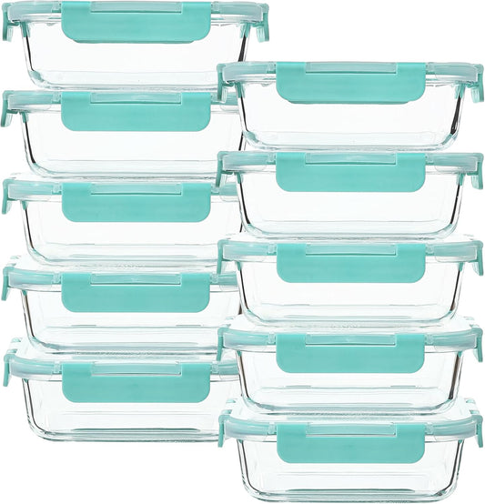 10 Set Glass Food Containers with Airtight Lids,22Oz Leak Proof Glass Meal Prep Containers Set for Adults,Microwave,Oven,Freezer,Dishwasher Safe,Kitchen Organization,Bento Lunch Boxes,Mint