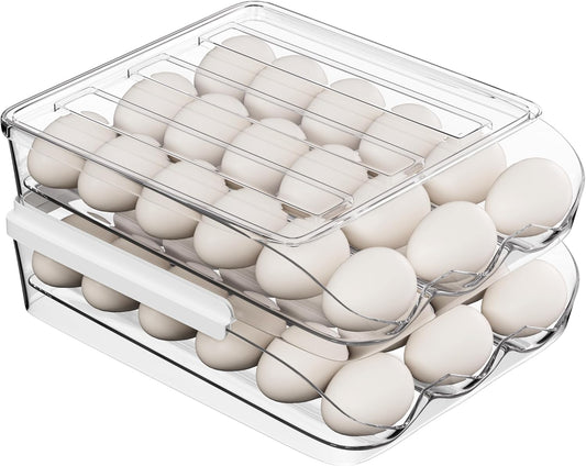 Egg Holder for Fridge 36 Capacity Automatic Rolling Egg Organizer for Refrigerator, Clear Stackable Container for Kitchen or Pantry Storage 2 Pack