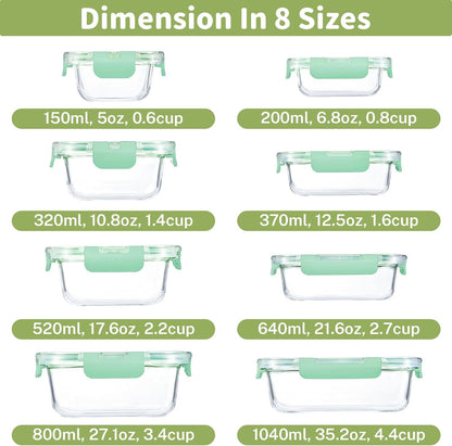 8 Pack Glass Food Storage Containers with Lids, Meal Prep Containers, Airtight Bento Boxes with Leak Proof Locking for Microwave, Oven, Freezer and Dishwasher, BPA Free, 5-35oz, light blue