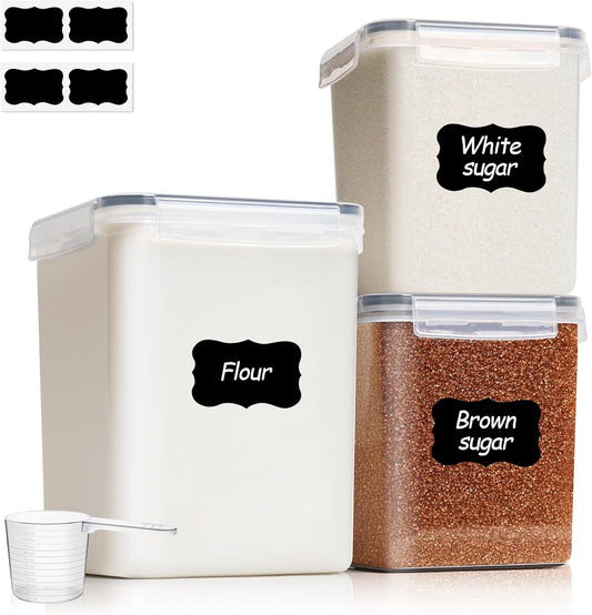 Flour Sugar Storage Containers Set of 3 (5.2L/5.5Qt) (2.5L/2.6Qt*2), Large Airtight Food Storage Containers with Lids, Plastic Canisters Sets for Kitchen, Pantry Organizers for Rice and Baking