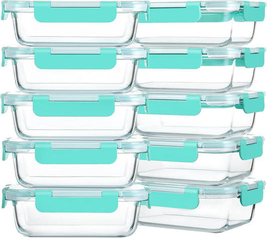 M  10-Pack 22 Oz Glass Meal Prep Containers with Lids - Microwave, Oven, Freezer & Dishwasher Safe - Green
