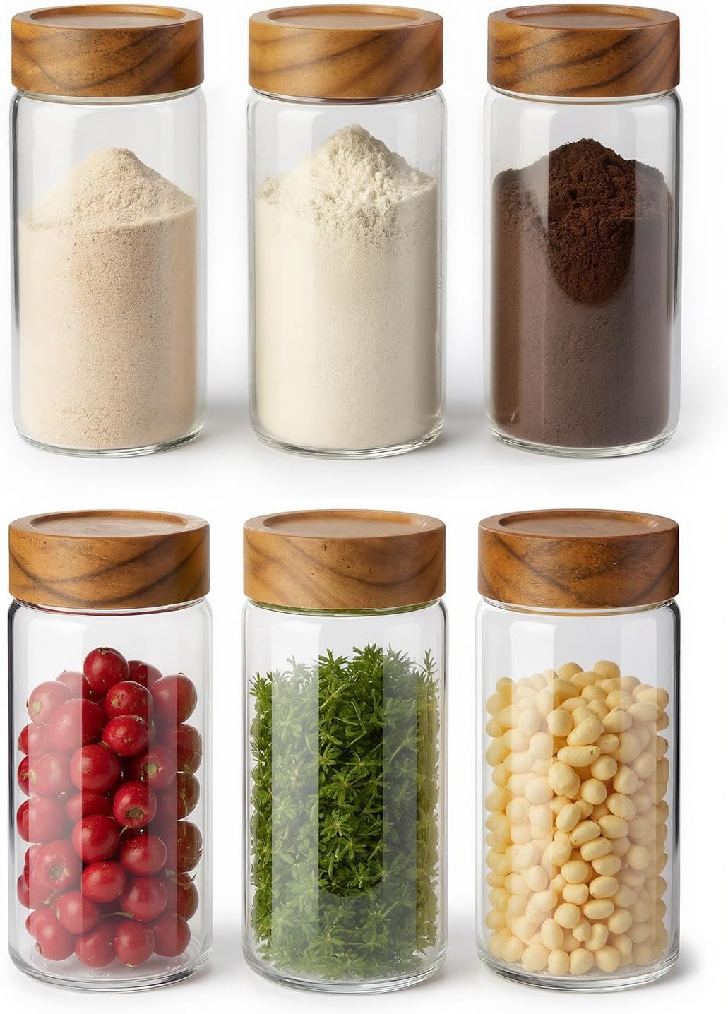 6 -Piece 13 fl oz Food-Grade Glass Mason Jars with Acacia Wood Lids, Sealable Waterproof, Transparent Easily Stackable for Overnight Oats, Spice Storage & Snack Organizing