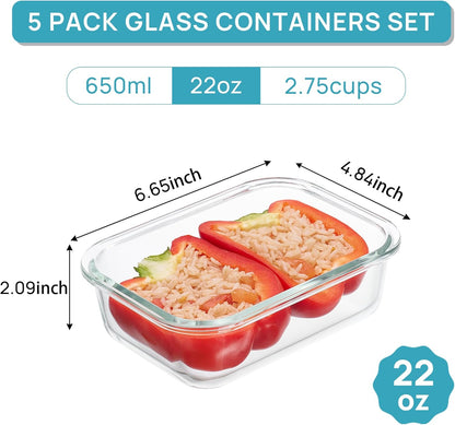 5Pack 22oz Glass Storage Containers with Lids, Glass Meal Prep Food Container Sets with Snap Airtight Lids for Microwave, Oven, Freezer and Dishwasher, Grey