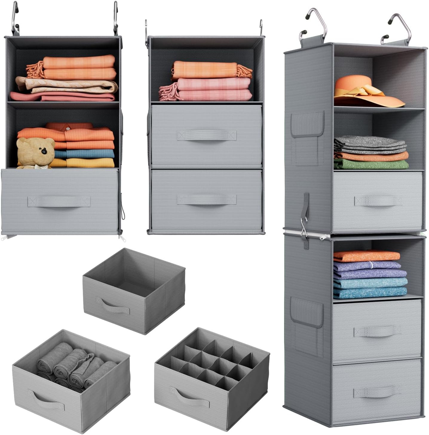 6-Shelf Hanging Closet Organizer with 2 Separable 3-Tier Shelves, 3 Drawers & Side Pockets Closet Organizers and Storage for Wardrobe Organization and Nursery Clothes Organizer, Gray