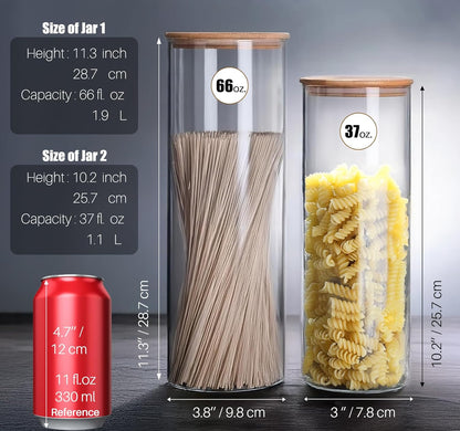 66+37 oz Glass Food Storage Jars with Airtight Lids, Tall Clear Glass Jar with Bamboo Lid, Airtight Food Canister for Pasta, Candy, Coffee, Sugar, Cookie, Snack. (Round | 10+11 Inch)