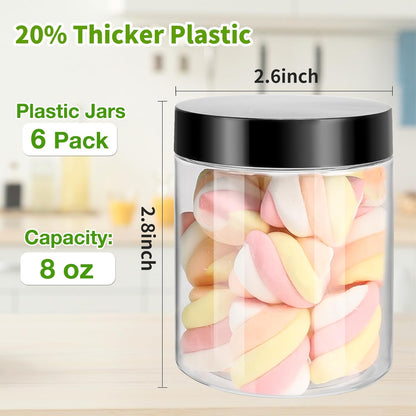 6 Pack Plastic Jars with Lids, 8 oz Clear Storage Container, Leakproof Plastic Mason Jars, Empty Round Slime Container, Cosmetic Jars for Storing Dry Food, Peanut, Spice, Cookie, Candy