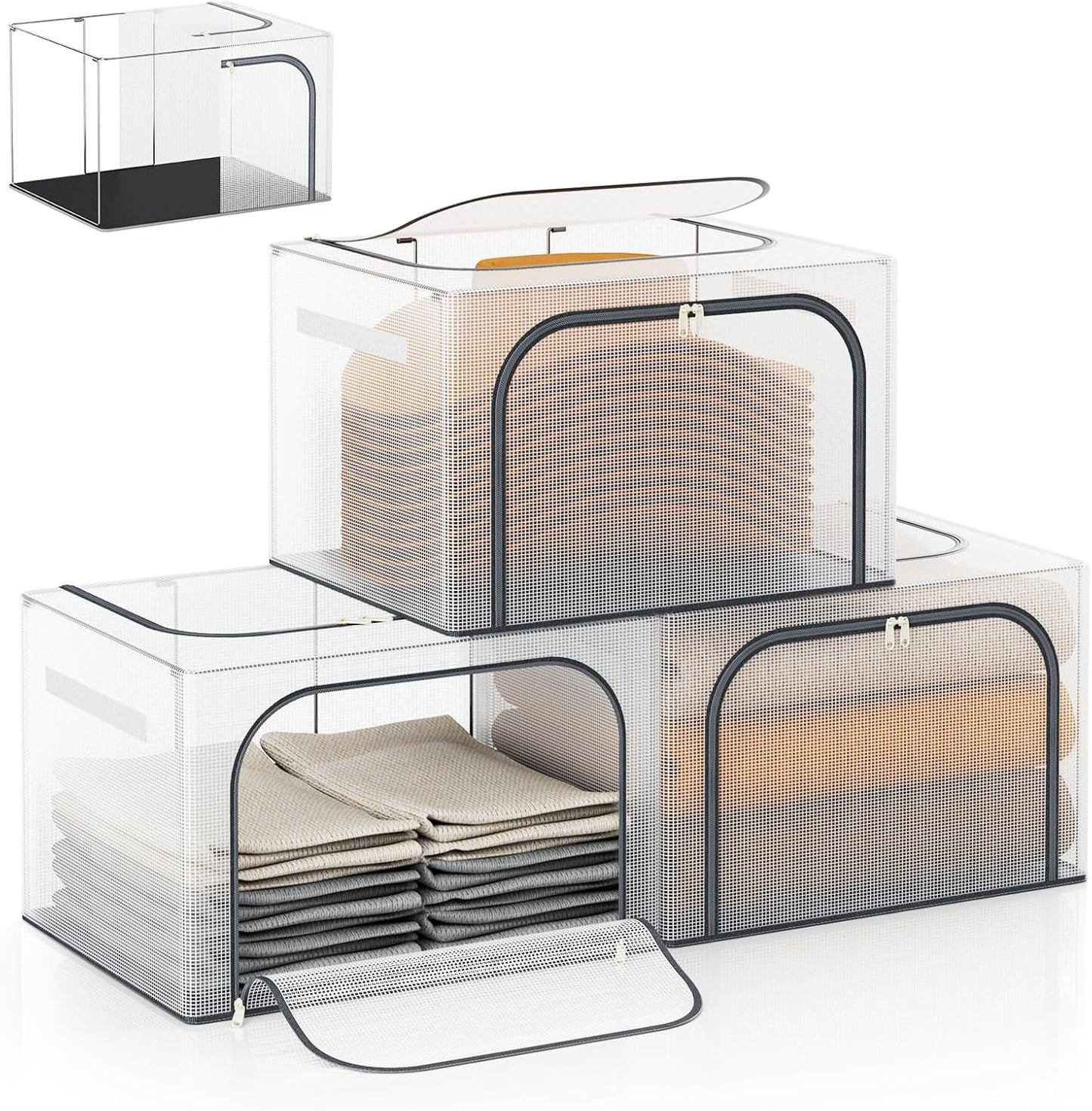 Large Size 66L 3 Pack Clothes Storage Bin with Metal Frame, Stackable & Foldable Box with Lids, Closet Organizers And Storage For Bedding, Cap, Sweater (Fully Transparent)