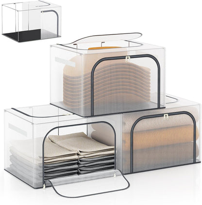 Large Size 66L 3 Pack Clothes Storage Bin with Metal Frame, Stackable & Foldable Box with Lids, Closet Organizers And Storage For Bedding, Cap, Sweater (Fully Transparent)