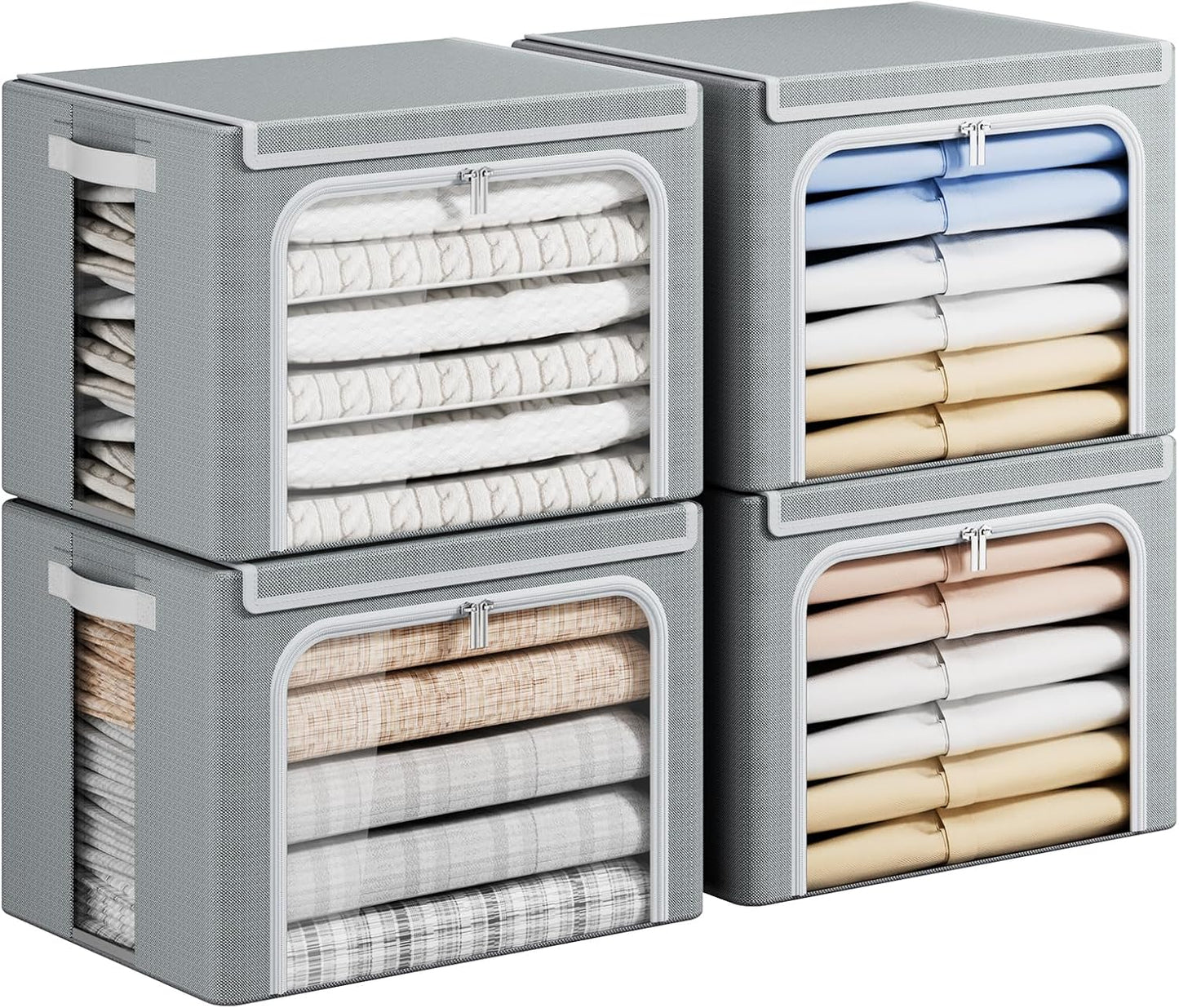 Clothes Storage Bins with Metal Frame, Foldable Clothing Storage Bin with Lid, Stackable Oxford Fabric Organizer Box With Clear Window & Zippers & PU Leather Handles (4 Pack,Grey,40L)