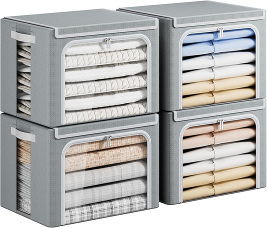 Clothes Storage Bins with Metal Frame, Foldable Clothing Storage Bin with Lid, Stackable Oxford Fabric Organizer Box With Clear Window & Zippers & PU Leather Handles (4 Pack,Grey,40L)