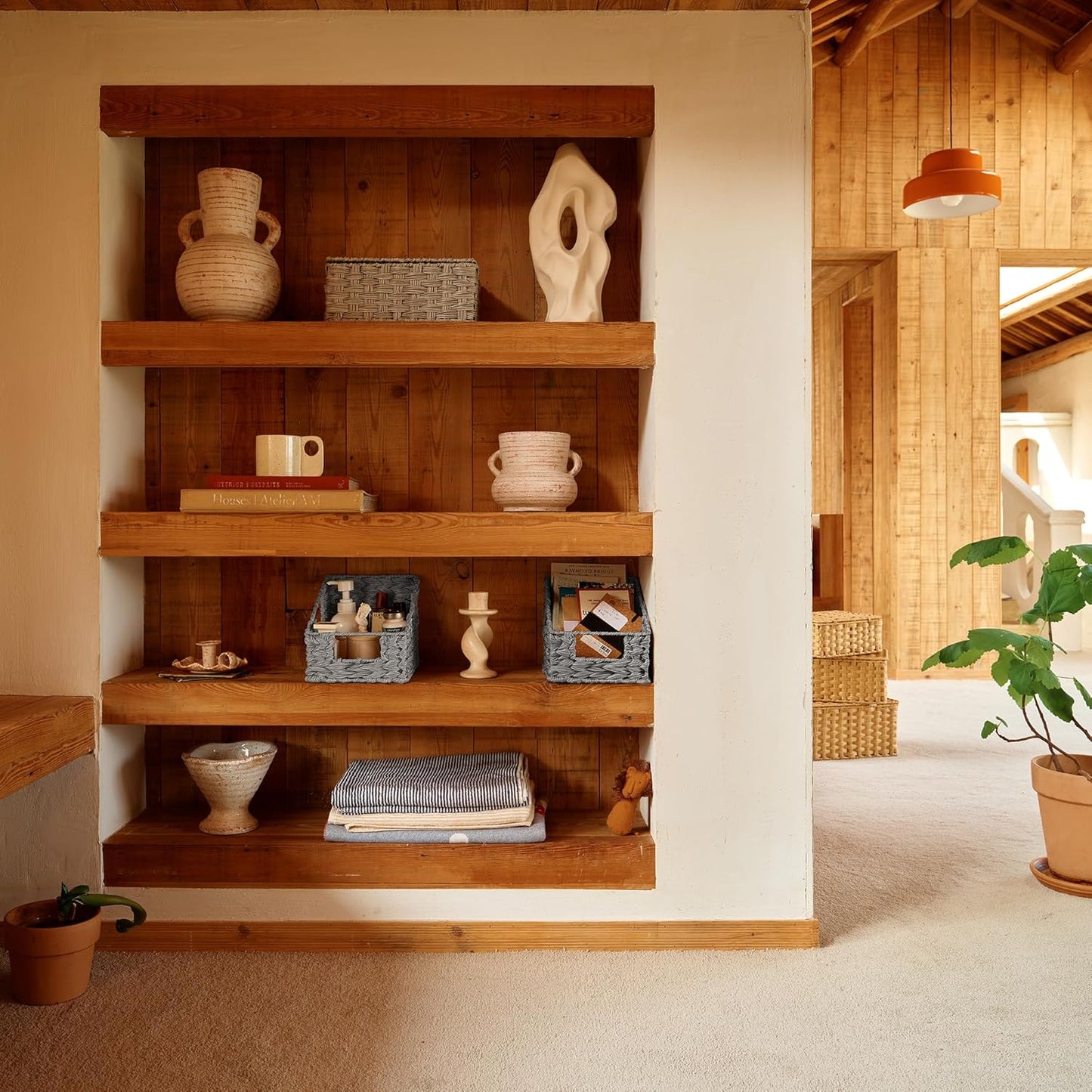 Wicker Basket with Handles, Odorless Woven Trapezoid Basket Waterproof for Organizing, Decorative Storage Wicker Baskets for Storage Photo Books, Gray, 2-Pack