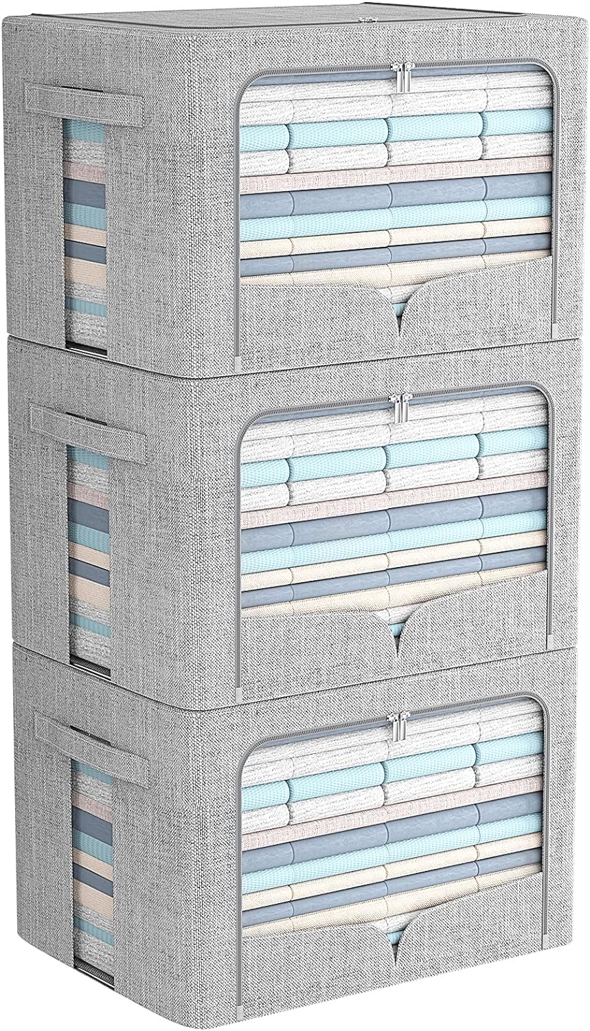 3 Pack Clothes Storage Bins Foldable Metal Frame Storage Box Stackable Linen Fabric Organizer Set with Carrying Handles and Clear Window (Light Gray, 15.7x11.8x11.8inch(36L))
