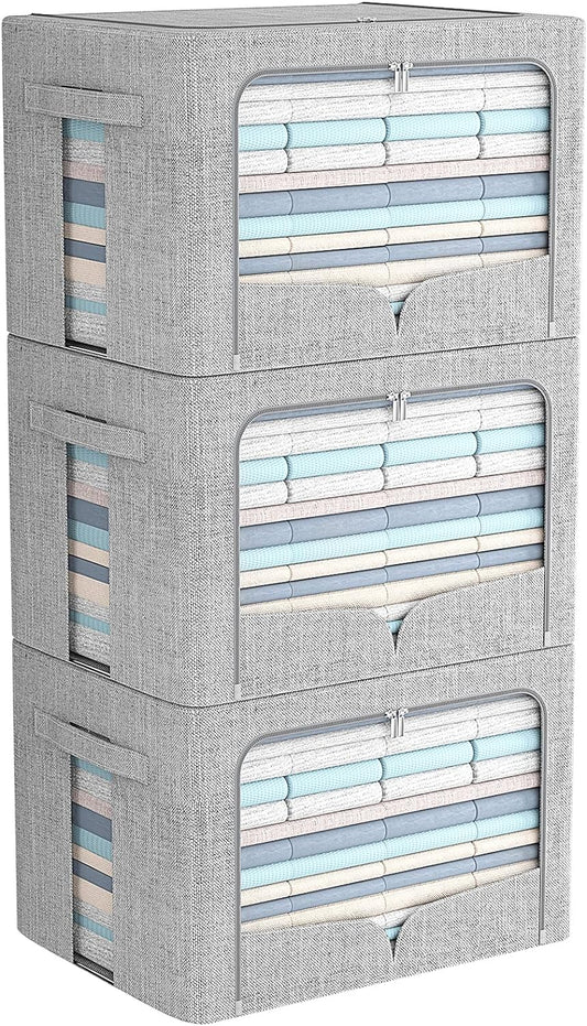 3 Pack Clothes Storage Bins Foldable Metal Frame Storage Box Stackable Linen Fabric Organizer Set with Carrying Handles and Clear Window (Light Gray, 15.7x11.8x11.8inch(36L))