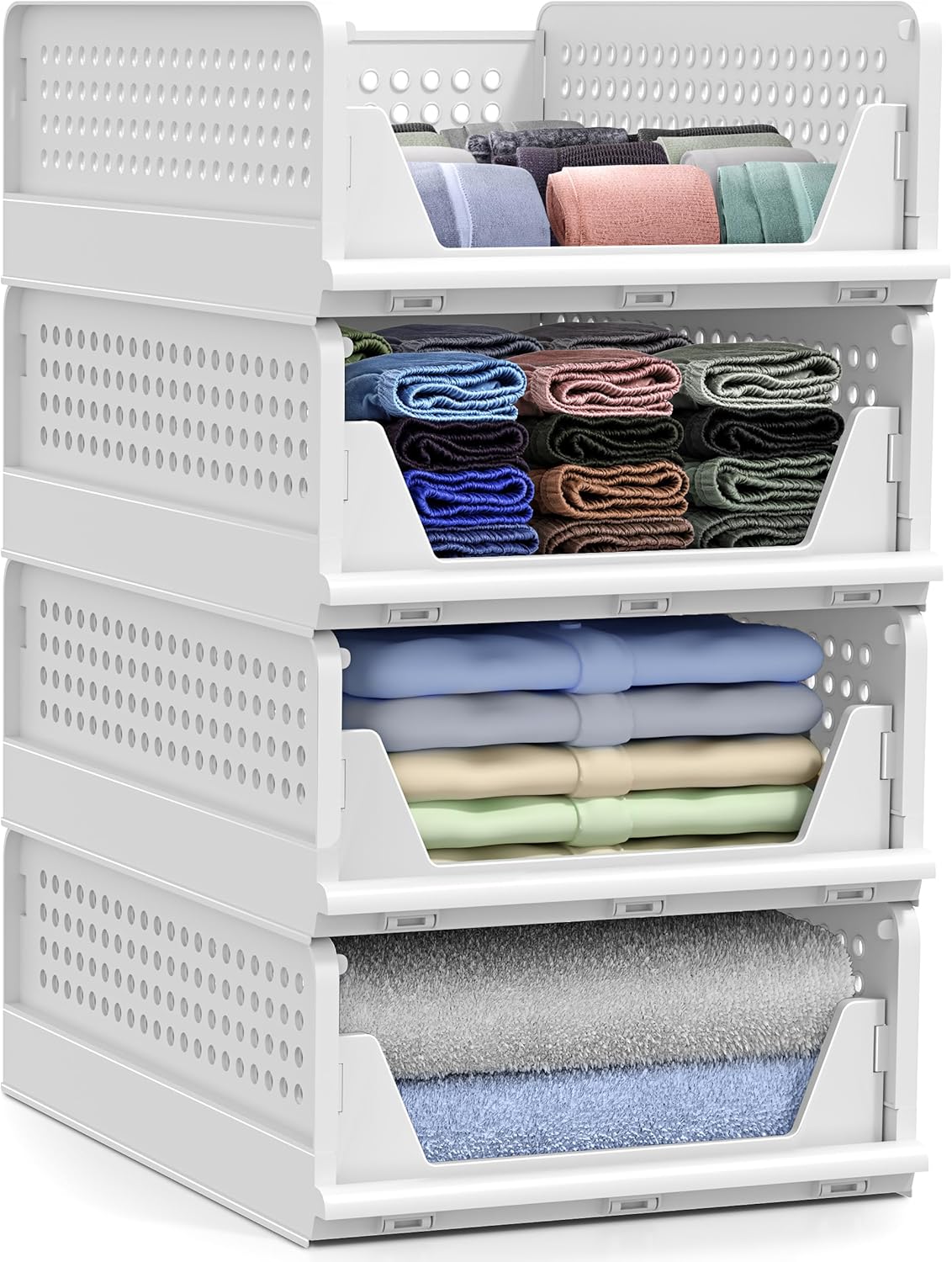 4 Pack Folding Closet Shelf Organizer for Clothes, Versatile Stackable Storage Baskets for Closet, Bathroom, Kitchen and Garage with Easy Access Open Front Design, Plastic Organizer Shelves