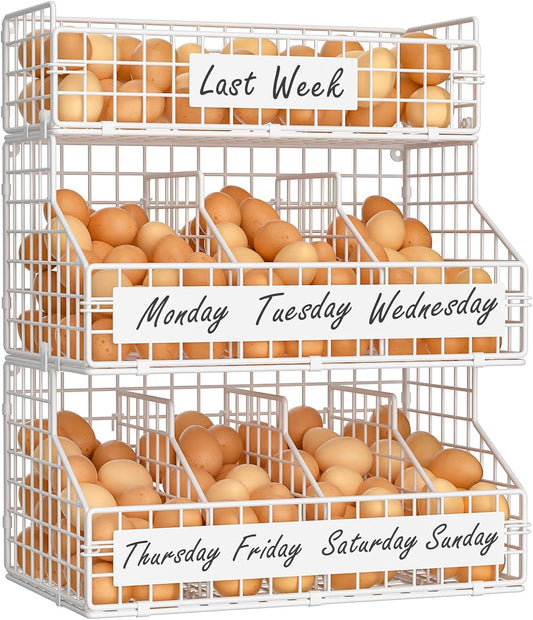 Egg Holder Countertop with 5 Dividers & DIY Nameplate to Separate Eggs, 3 Tier Stackable Wire Storage Baskets for Gathering Fresh Eggs, Wall-Mounted XXL Egg Rack, White (Patent Pending)