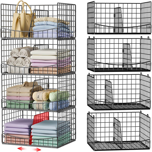 4-Tier Closet Organizers and Storage Shelves with Divider, Stackable Closet Shelf Organizer Basket Bins, Clothing Sweaters Storage Container for Wardrobe Cupboard, Black