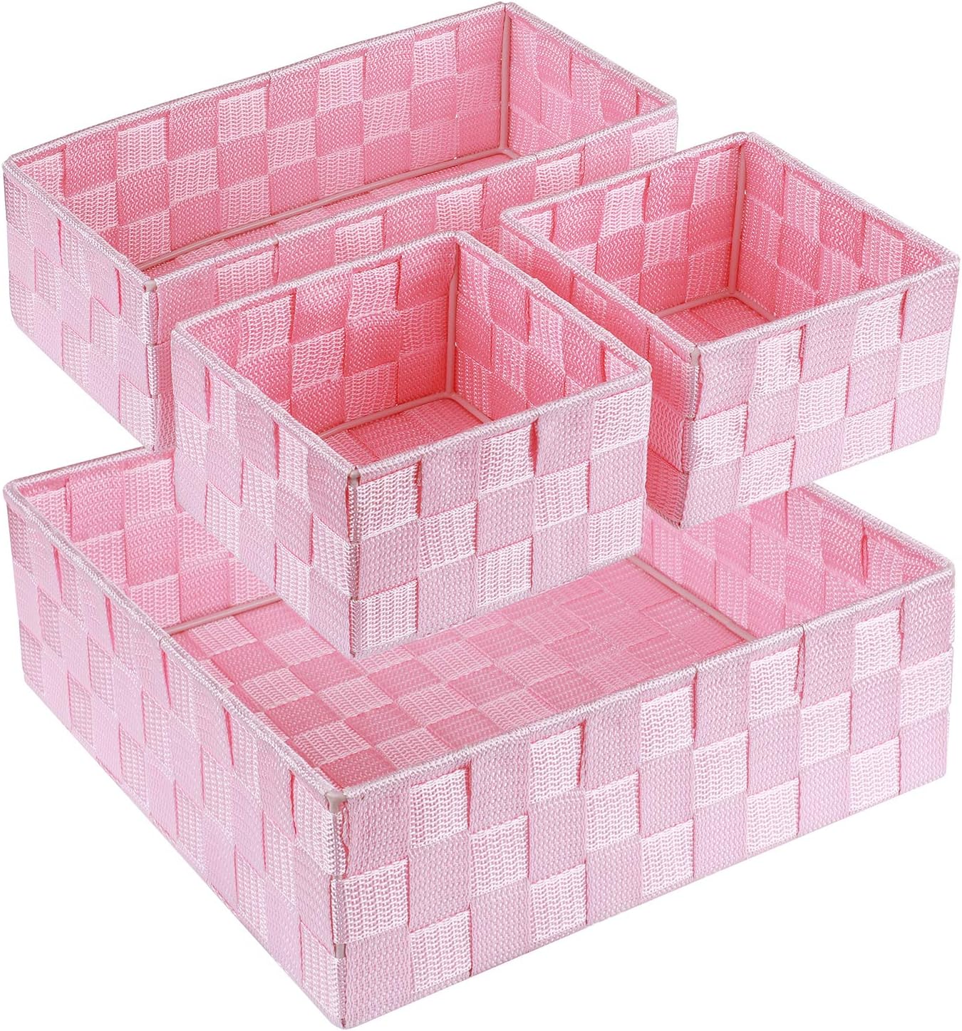 Woven Storage Baskets for Organizing, Small Baskets Cube Bin Container Tote Organizer Divider for Drawer, Closet, Shelf, Dresser, Set of 4(Pink)