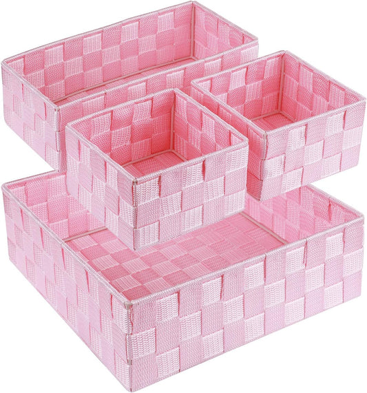 Woven Storage Baskets for Organizing, Small Baskets Cube Bin Container Tote Organizer Divider for Drawer, Closet, Shelf, Dresser, Set of 4(Pink)