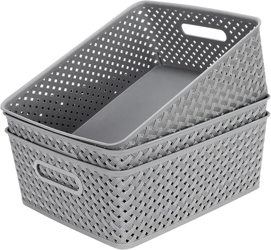 Organization and Storage 3 Packs, Plastic Bins Organizer Bins, Woven Baskets for Storage, Plastic Baskets with Handles, Grey Basket for Organizing, Basket Organizer for Home and Office, Large