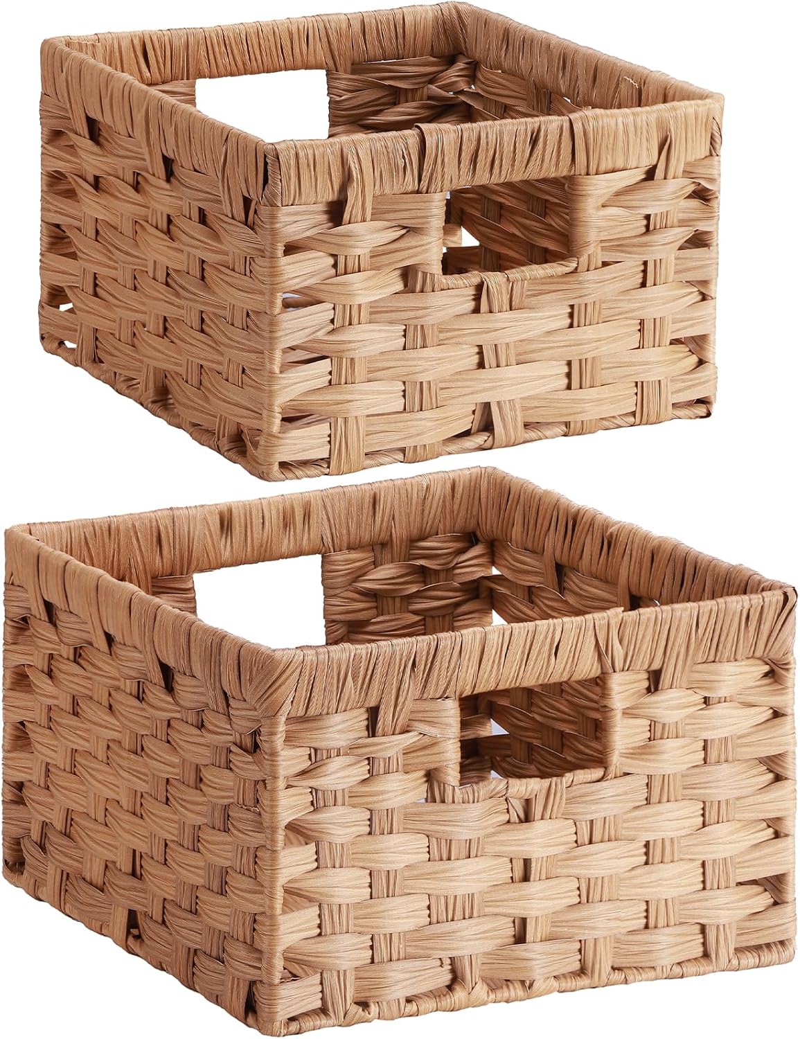 Handwoven PP Wicker Storage Basket, Waterproof Imitation Rattan Basket with Built-in Handles, Rectangle Baskets for Organizing Shelves, Pantry, Burlywood, 2-Pack (Large+Medium)